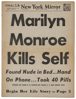1962 New York Mirror Headline "Marilyn Monroe Kills Self" Newspaper
